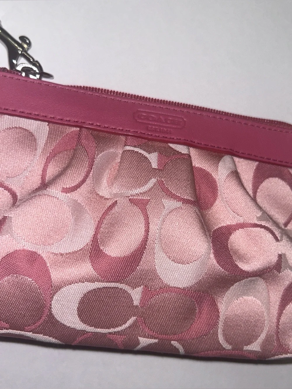 Coach Pink Signature Canvas Wristlet with Leather Trim